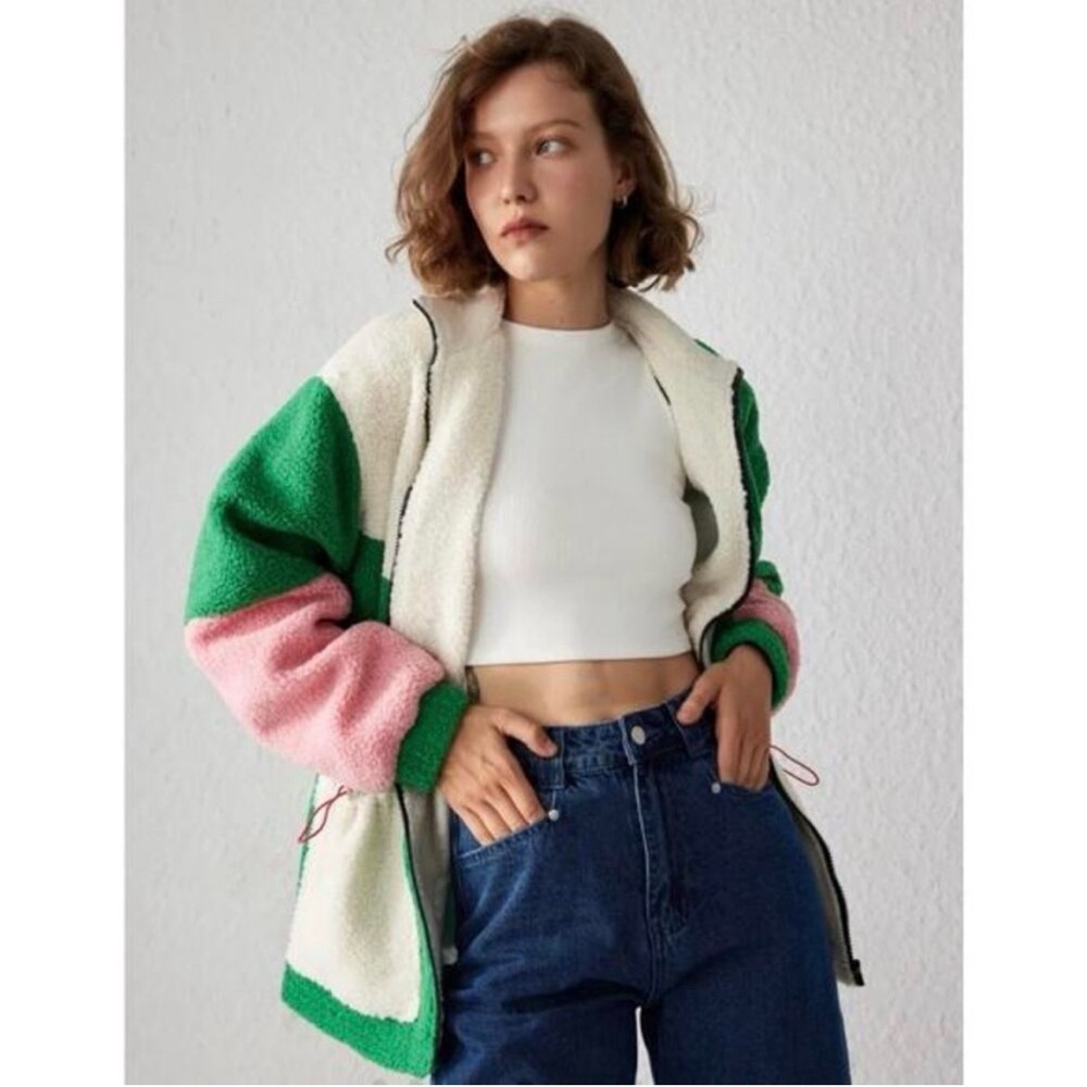 Cider Fleece Stand Collar Teddy ColorBlock Zip Front Jacket XS - Picture 2 of 8